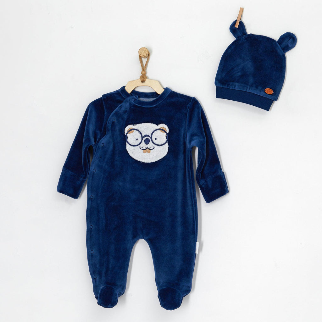 Navy Little Climber Velvet Romper with Hat , Baby boy wedding outfit