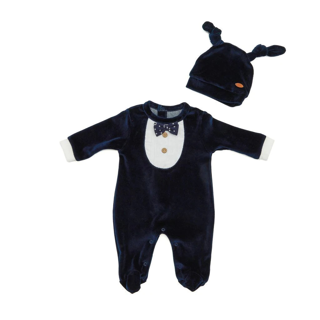 Navy Velour Baby Boy Romper with Hat  , Baby Boy Wedding Outfit