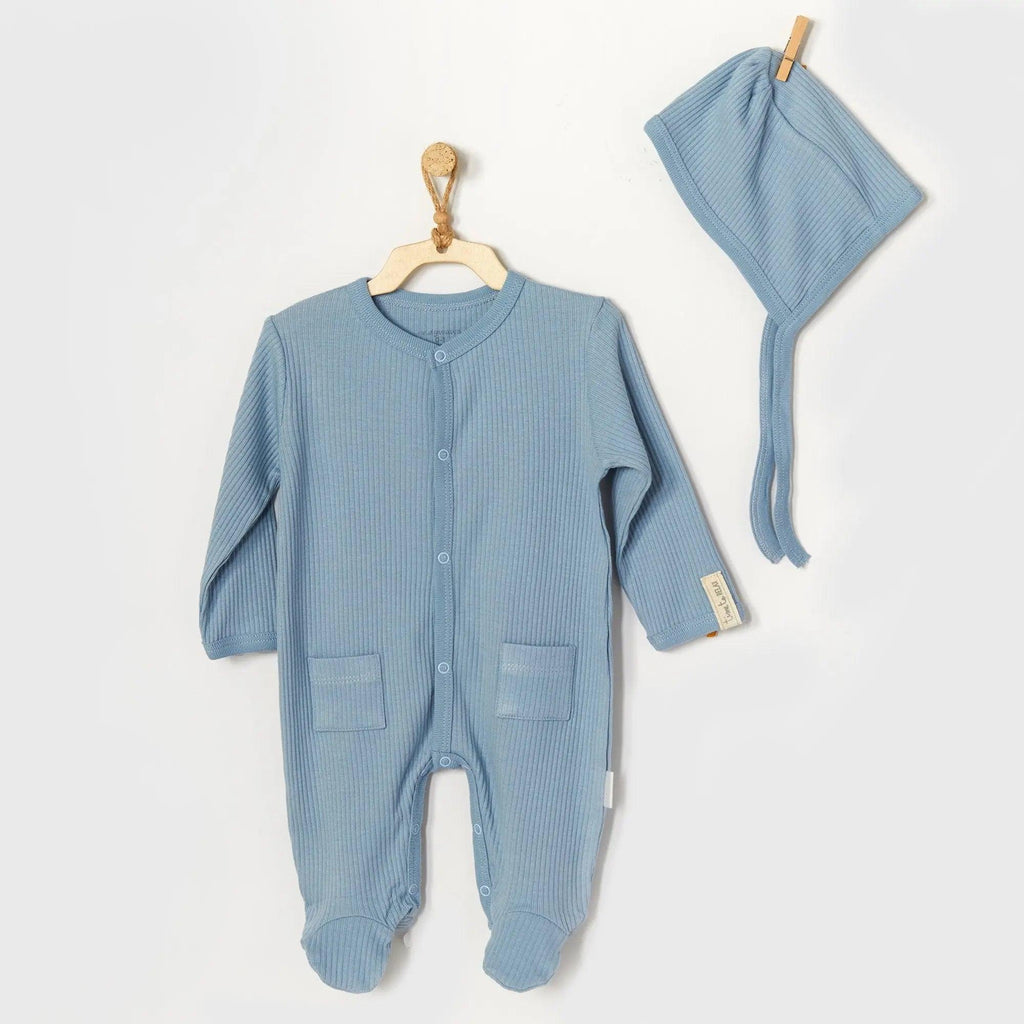 Baby Boy Ribbed Blue Sleepsuit & Hat , Baby Boy Romper