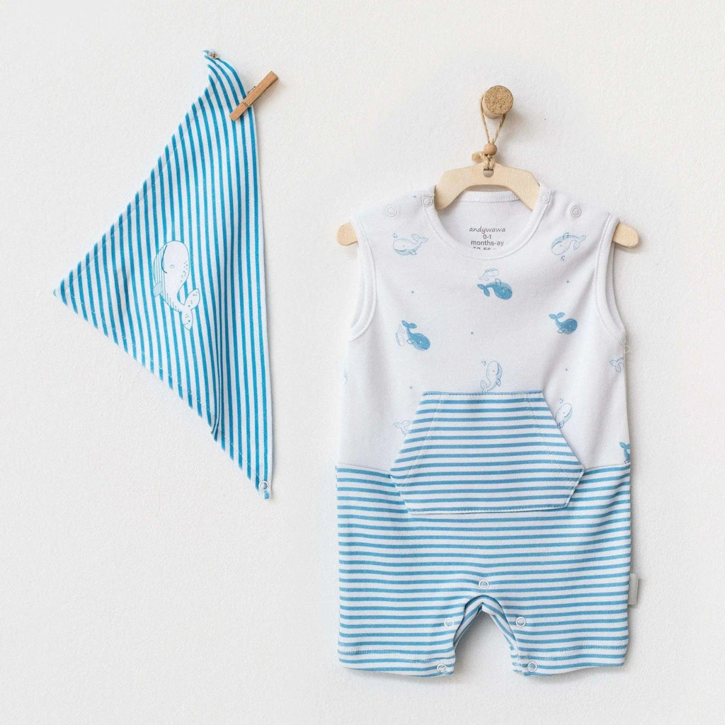 Cute Whale Baby Boy Romper & Bib , Organic Baby Boy Outfit