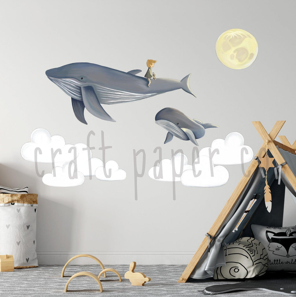 Flying Child on Whale Sticker Set, Removable & Reusable Nursery Wall Decals